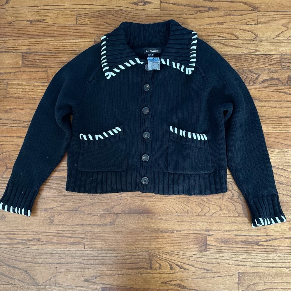 En Saison Piper Whipstitch Black & White Cardigan Sweater Women’s Medium NEW - Picture 11 of 14